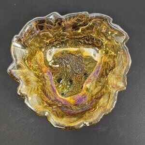 VINTAGE Marigold Carnival Glass Grapes Leaf Candy Dish Trinket